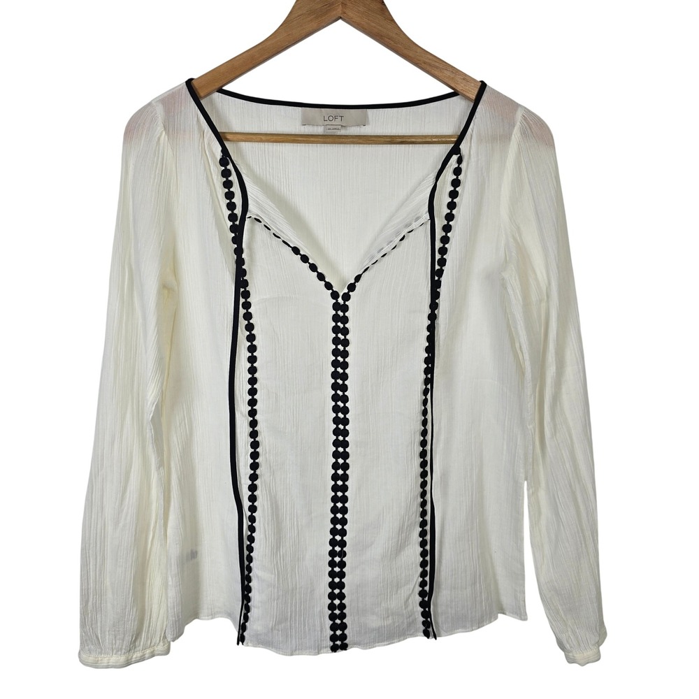 Ann Taylor LOFT White Cotton Crinkle Gauze Embroidered Pom Pom Blouse XS